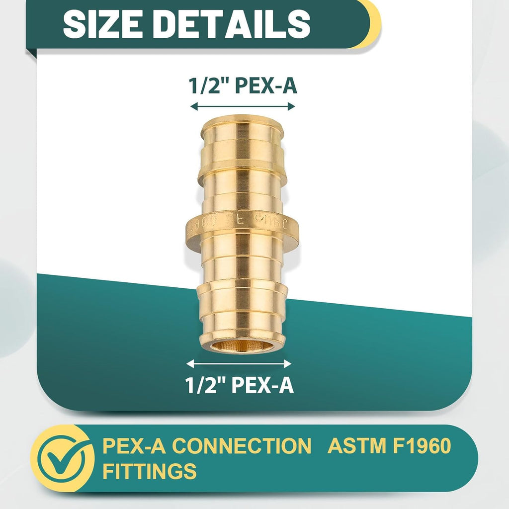 10-Pack Niikappu Pex Expansion Fitting, 1/2" x 1/2" Pex-A Coupling, Brass Expansion Pipe Fitting for PEX A Pipe