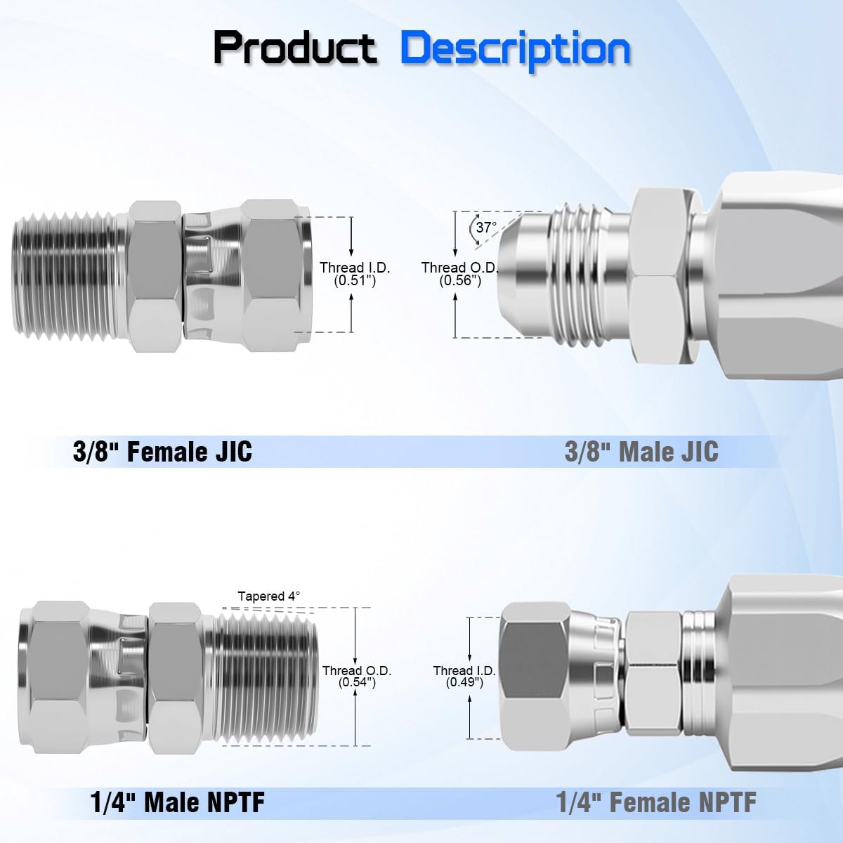 Hydraulic Swivel Adapter 1/4" Male NPTF x 3/8" Female JIC 37°,6505-04-06 Carbon Steel 360° Straight Pipe Joints Connector for Hydraulic Hose Fitting(2 Pack)