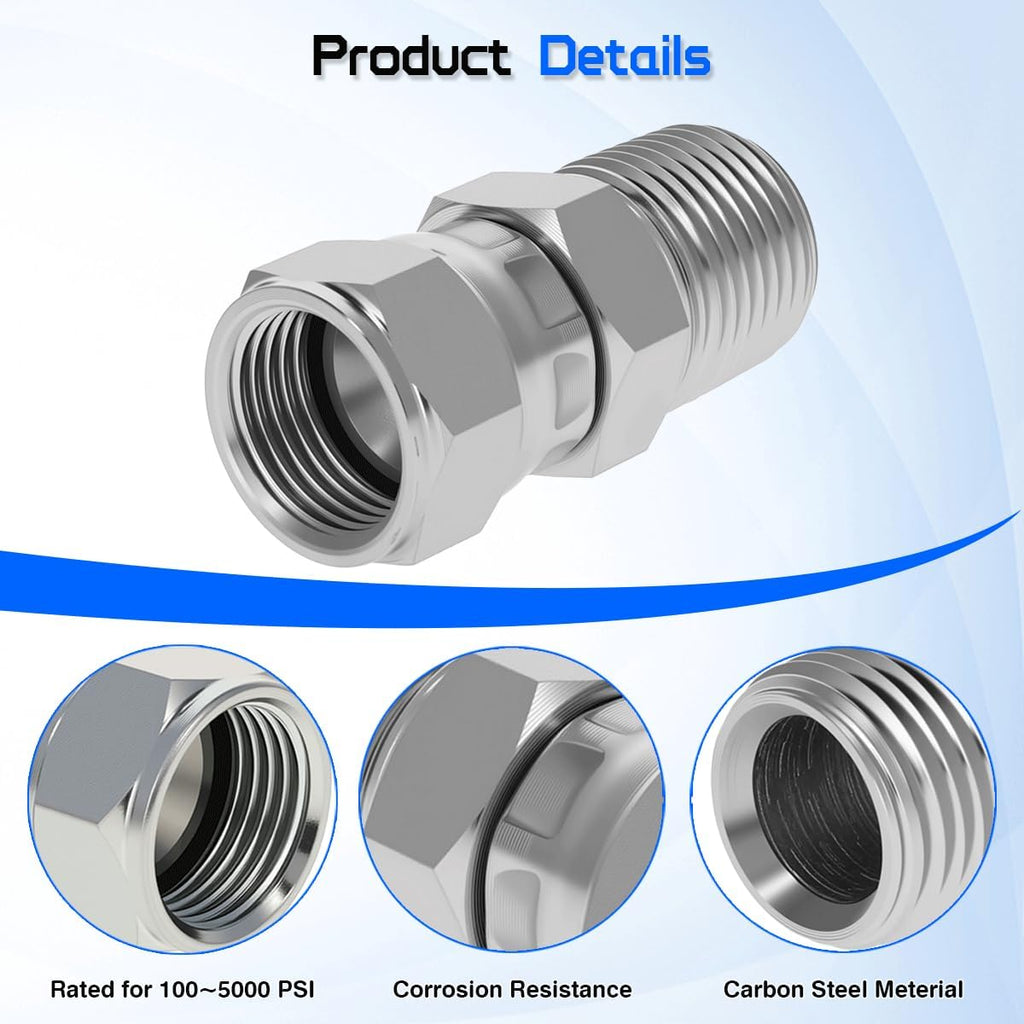 Hydraulic Swivel Adapter 1/4" Male NPTF x 3/8" Female JIC 37°,6505-04-06 Carbon Steel 360° Straight Pipe Joints Connector for Hydraulic Hose Fitting(2 Pack)