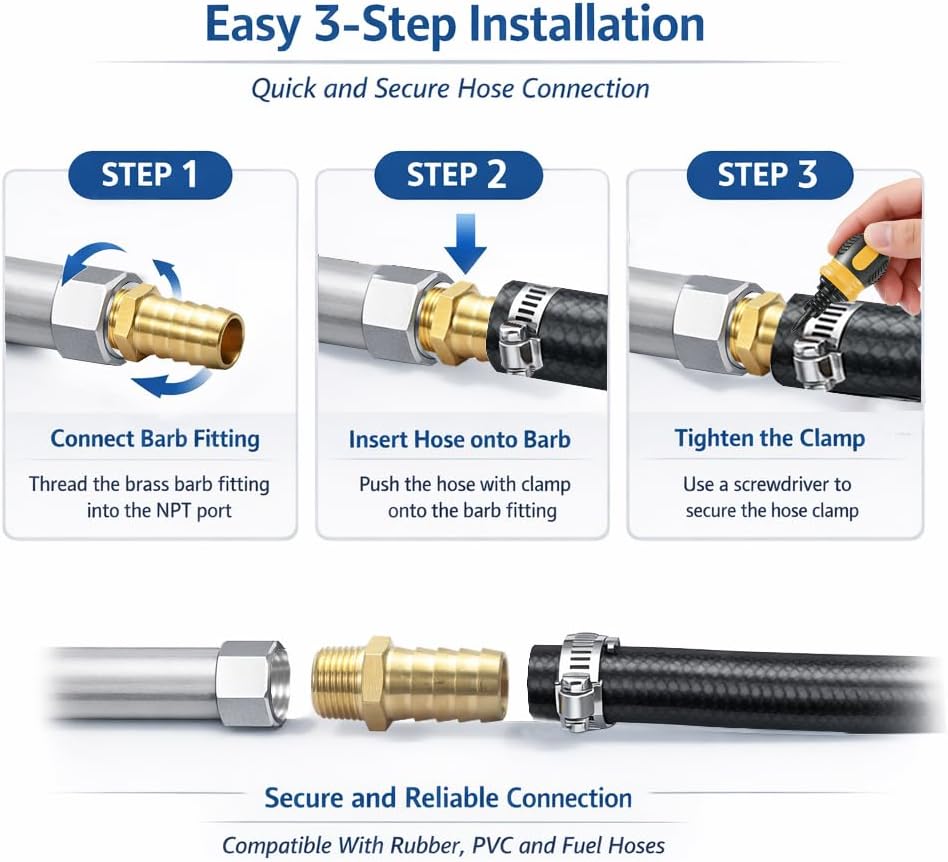 Brass Hose Barb Fitting, 1/8" Barb x 1/8" MNPT, 10-Pack, Male NPT to Hose Connector for Air, Fuel & Fluid Lines (1/8"ID to 1/8NPT)