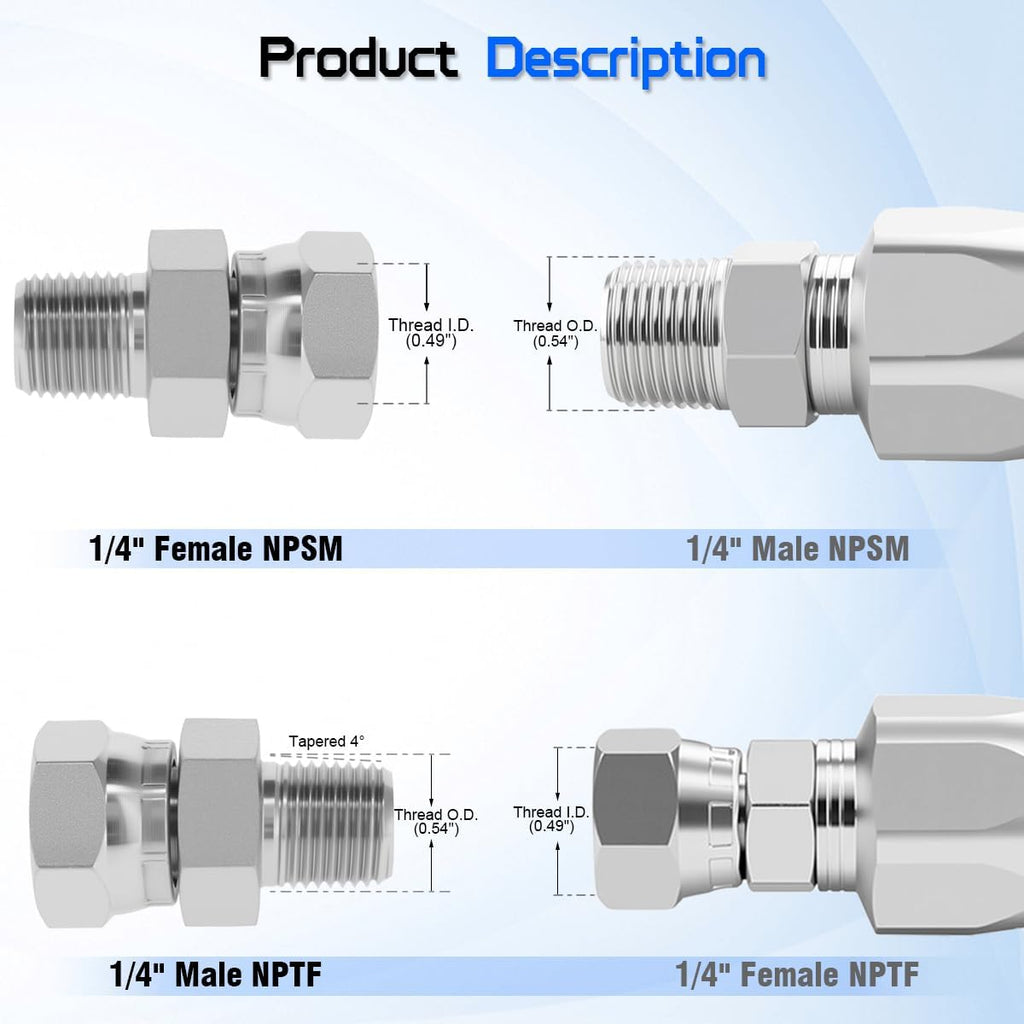 Hydraulic Swivel Adapter， 1/4" NPTF Male x 1/4" NPSM Female, 1404-04-04 Carbon SteelStraight Pipe Joints, for Hydraulic Hose Fitting(2 Pack)