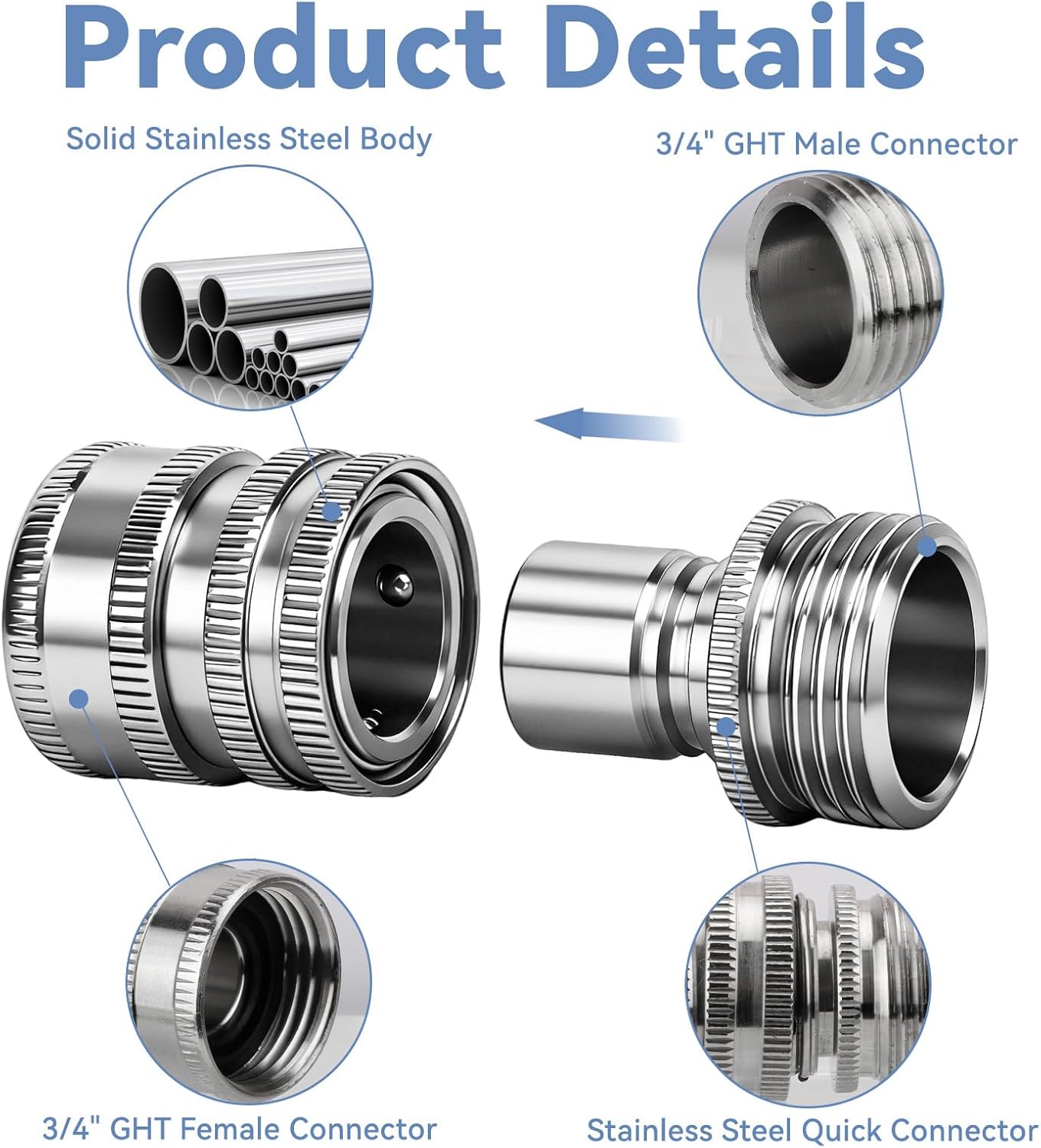 5 Pack Garden Hose Quick Release Connect Fittings, 1/2 to 3/4 Inch GHT Garden Hose Adapter, Stainless Steel Heavy Duty Water Hose Connector Fitting sets for Hoses and Sprayers