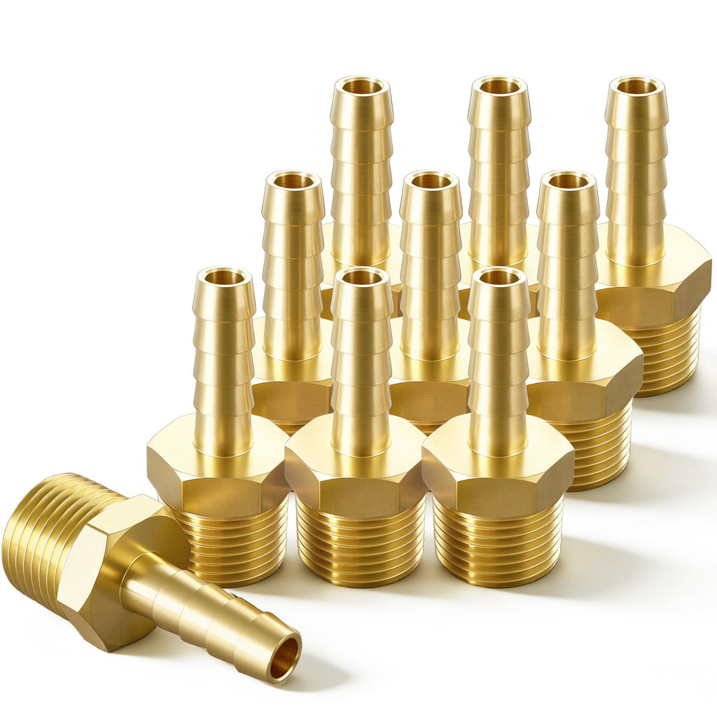 Brass Hose Barb Fitting, 1/8" Barb x 1/8" MNPT, 10-Pack, Male NPT to Hose Connector for Air, Fuel & Fluid Lines (1/8"ID to 1/8NPT)