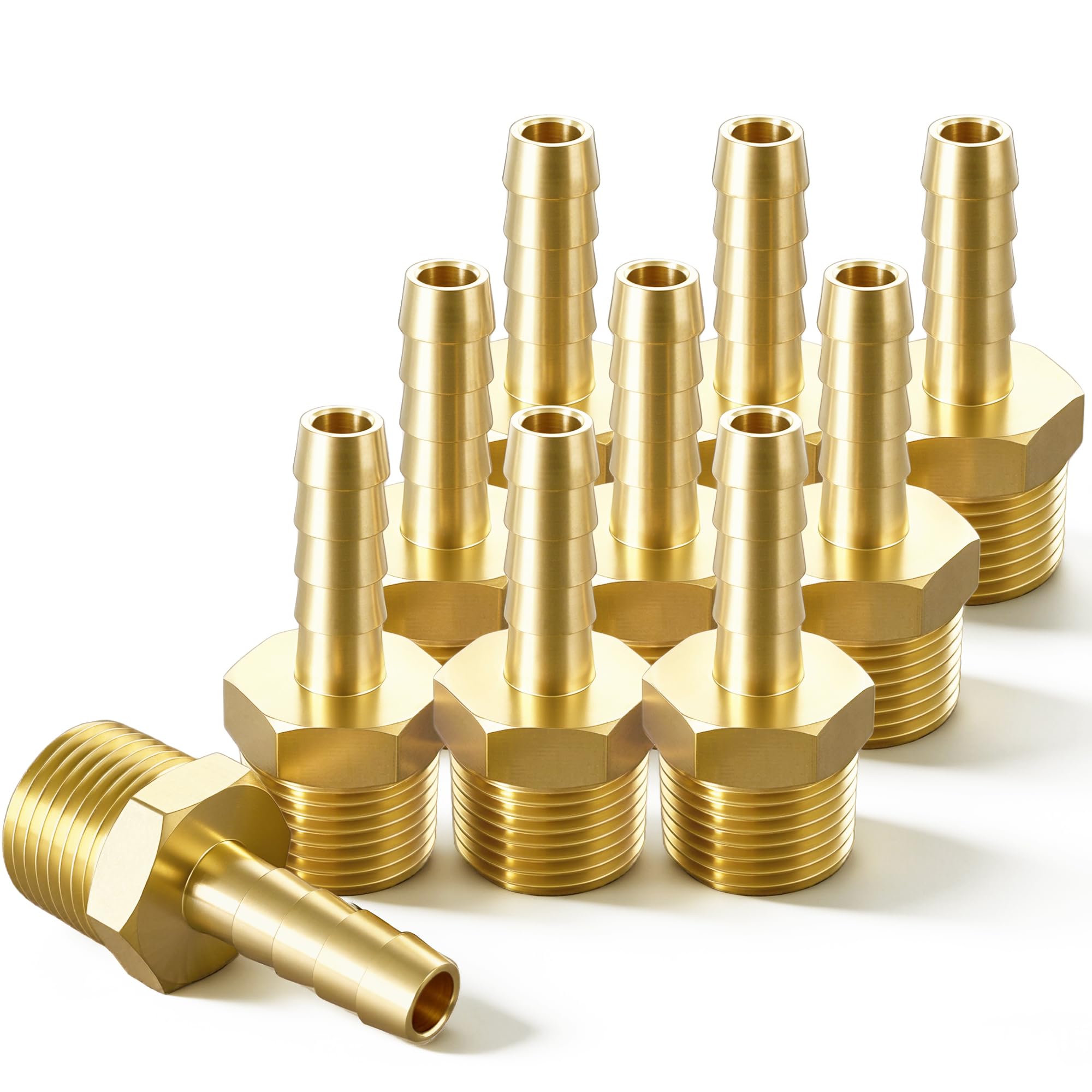 Brass Hose Barb Fitting, 1/8" Barb x 1/8" MNPT, 10-Pack, Male NPT to Hose Connector for Air, Fuel & Fluid Lines (1/8"ID to 1/8NPT)