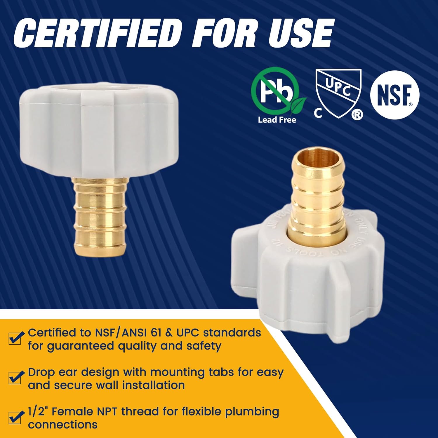 10PCS PEX Fitting 1/2" x 1/2" Female NPT Thread Swivel Adapter Barb Crimp Brass Fittings No Lead Brass ASTM F1807 & NSF Certified Anti-Leak Design for PEX Tubing
