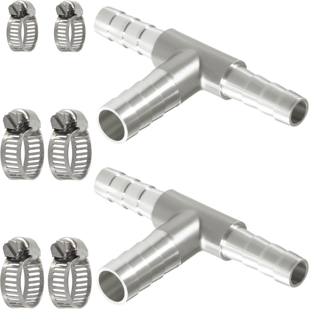 Nickel Plated Brass Reducing Tee Hose Barb, 5/16" X 1/4" X 5/16" ID, 3-Way Connector with Stainless Steel Clamp for Fuel, Coolant, Air & Vacuum Lines, Corrosion-Resistant (Pack of 2)