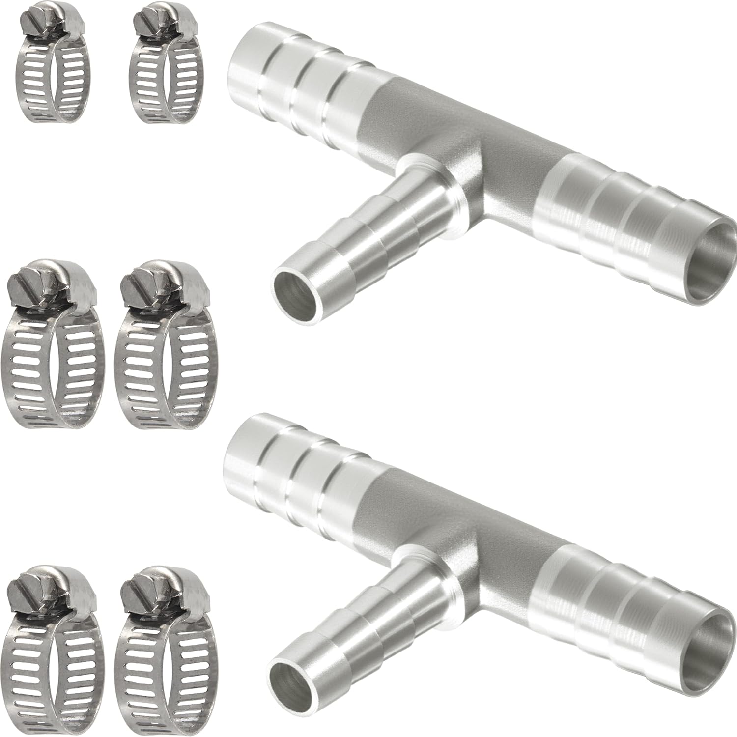 Nickel Plated Brass Reducing Tee Hose Barb, 5/16" X 1/4" X 5/16" ID, 3-Way Connector with Stainless Steel Clamp for Fuel, Coolant, Air & Vacuum Lines, Corrosion-Resistant (Pack of 2)