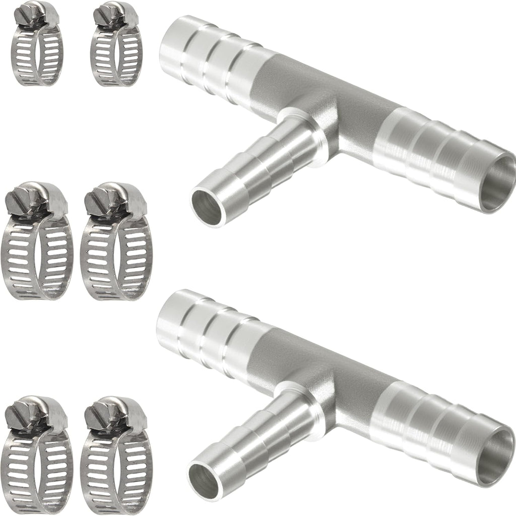 Nickel Plated Brass Reducing Tee Hose Barb, 5/16" X 1/4" X 5/16" ID, 3-Way Connector with Stainless Steel Clamp for Fuel, Coolant, Air & Vacuum Lines, Corrosion-Resistant (Pack of 2)