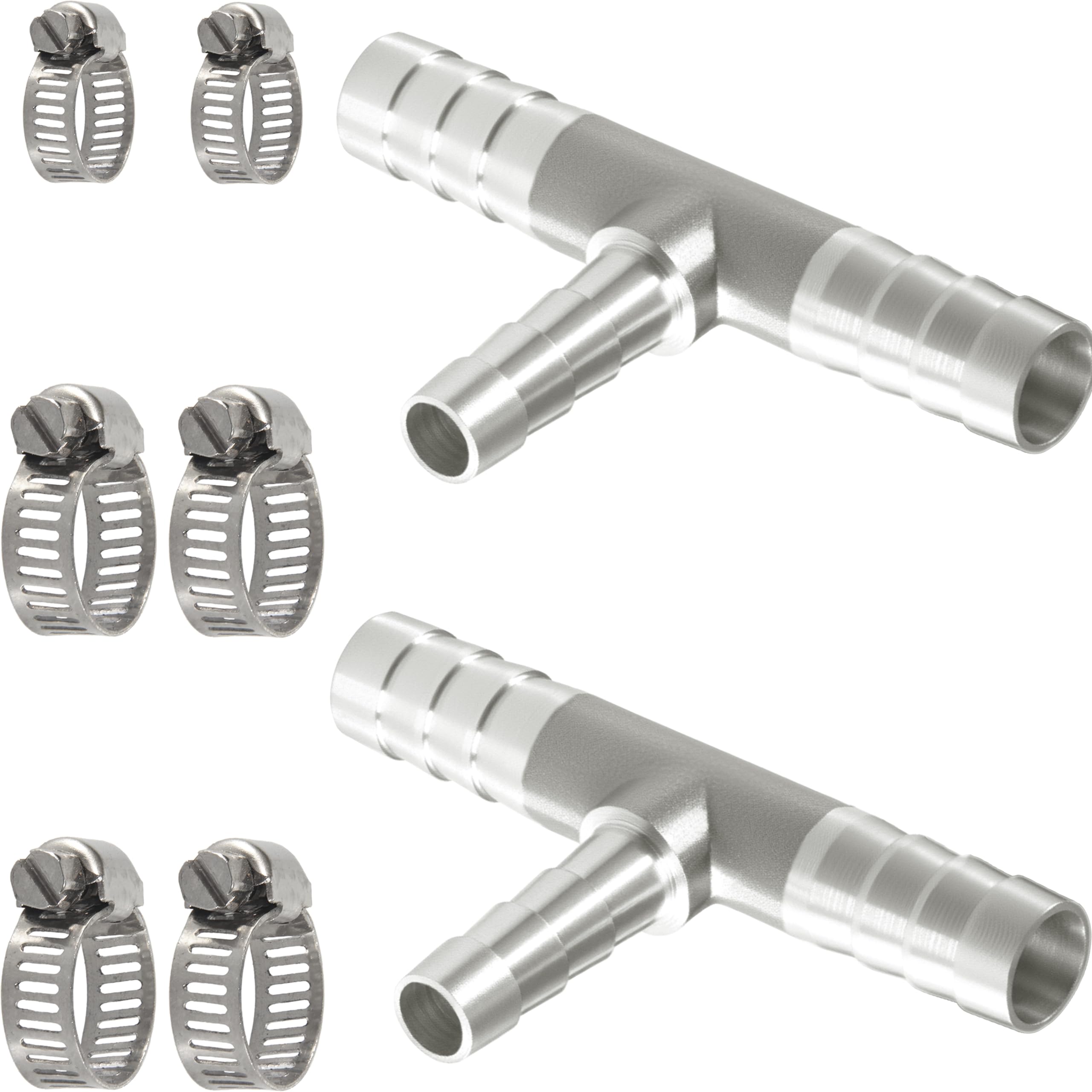 Nickel Plated Brass Reducing Tee Hose Barb, 5/16" X 1/4" X 5/16" ID, 3-Way Connector with Stainless Steel Clamp for Fuel, Coolant, Air & Vacuum Lines, Corrosion-Resistant (Pack of 2)