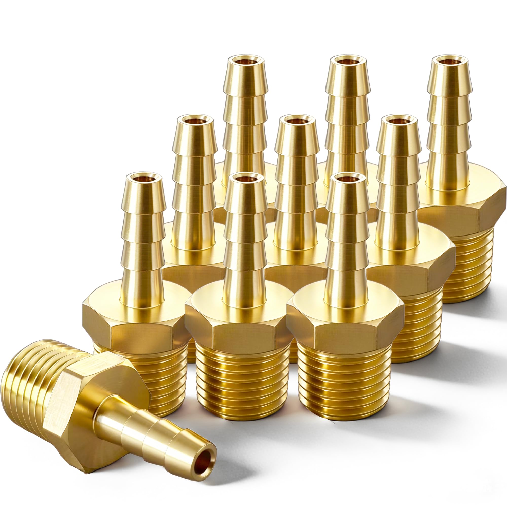 Brass Hose Barb Fitting, 1/8" Barb x 1/8" MNPT, 10-Pack, Male NPT to Hose Connector for Air, Fuel & Fluid Lines (1/8"ID to 1/8NPT)