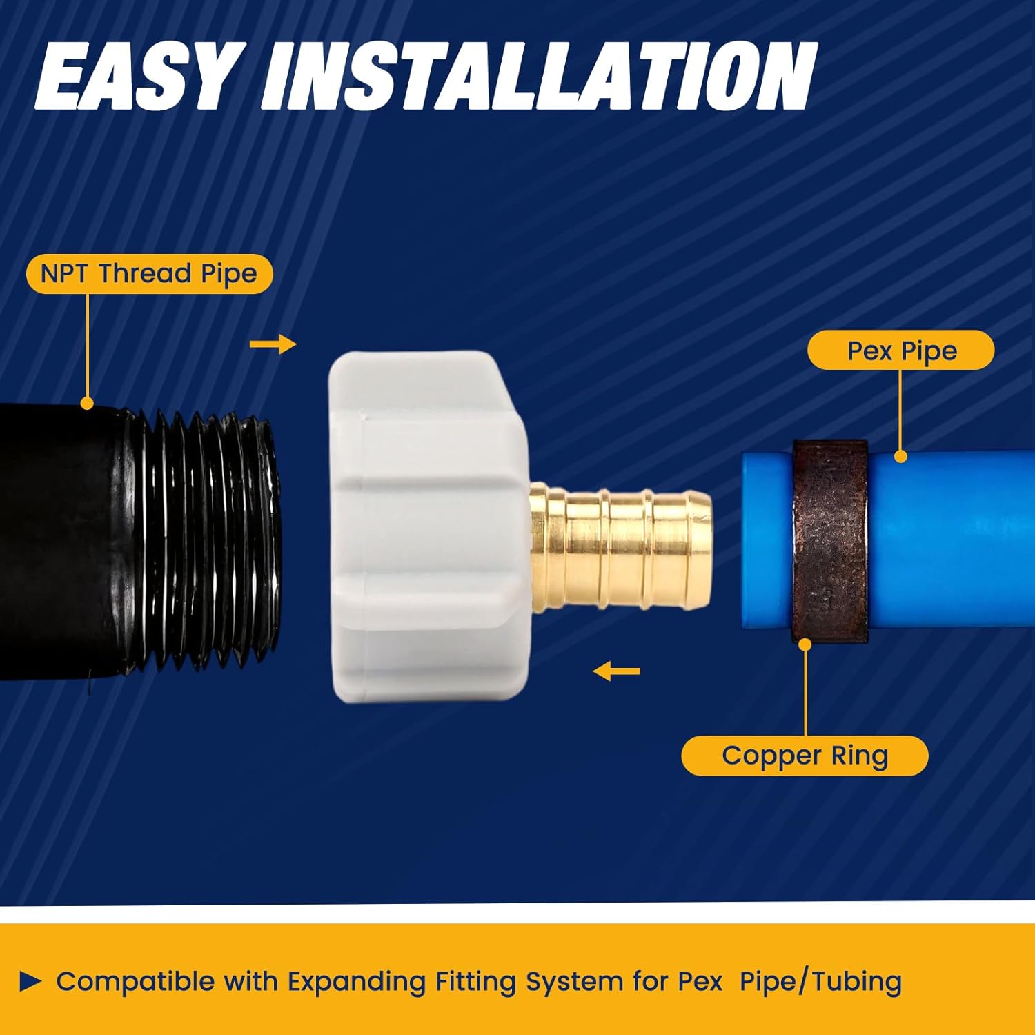 10PCS PEX Fitting 1/2" x 1/2" Female NPT Thread Swivel Adapter Barb Crimp Brass Fittings No Lead Brass ASTM F1807 & NSF Certified Anti-Leak Design for PEX Tubing