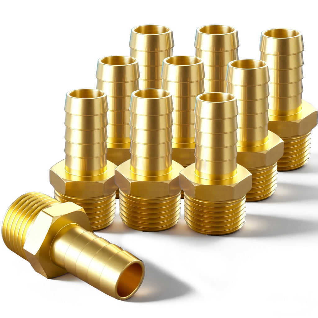 Brass Hose Barb Fitting, 1/8" Barb x 1/8" MNPT, 10-Pack, Male NPT to Hose Connector for Air, Fuel & Fluid Lines (1/8"ID to 1/8NPT)