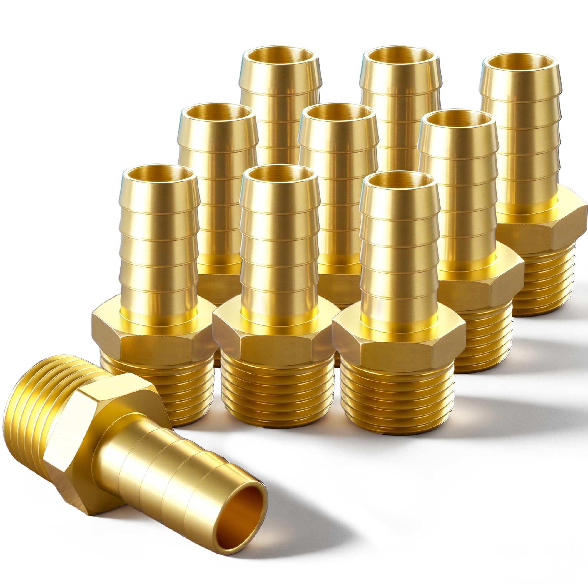 Brass Hose Barb Fitting, 1/8" Barb x 1/8" MNPT, 10-Pack, Male NPT to Hose Connector for Air, Fuel & Fluid Lines (1/8"ID to 1/8NPT)