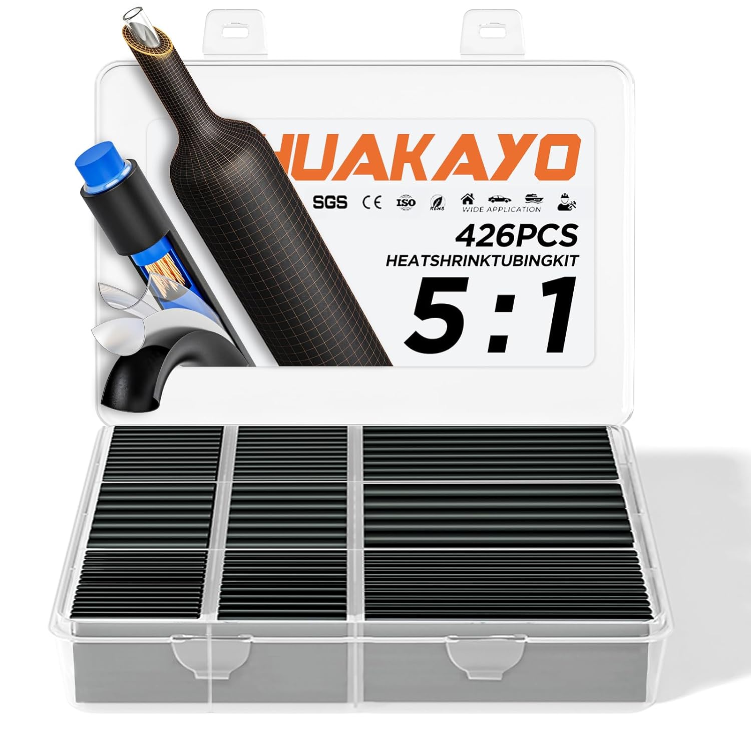5:1 Heat Shrink Tubing Kit 426 PCS, Dual Wall Marine Grade Waterproof with 5:1 Ratio Adhesive Lined, Heatshrink Wrap Industrial Electrical Tube Assortment for Automotive Wiring, Marine, RV, DIY Repair