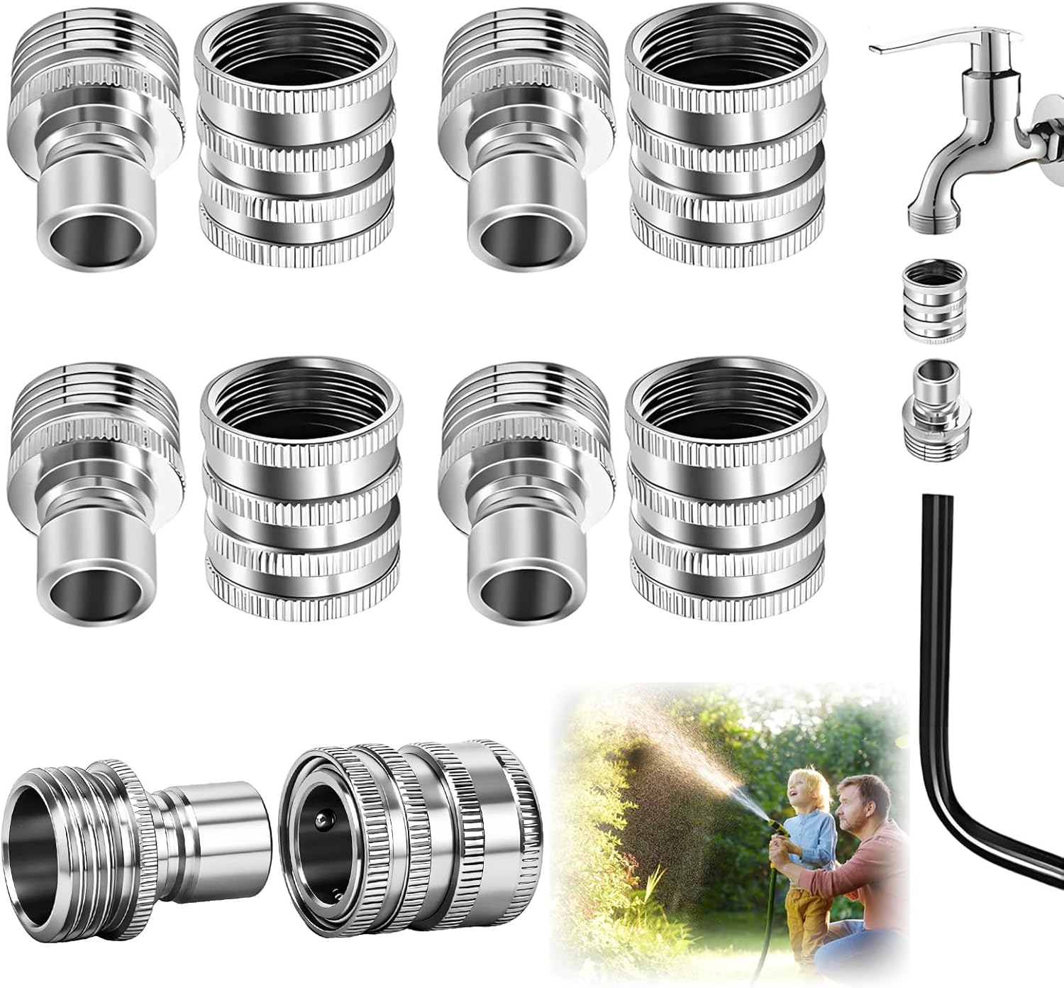 5 Pack Garden Hose Quick Release Connect Fittings, 1/2 to 3/4 Inch GHT Garden Hose Adapter, Stainless Steel Heavy Duty Water Hose Connector Fitting sets for Hoses and Sprayers