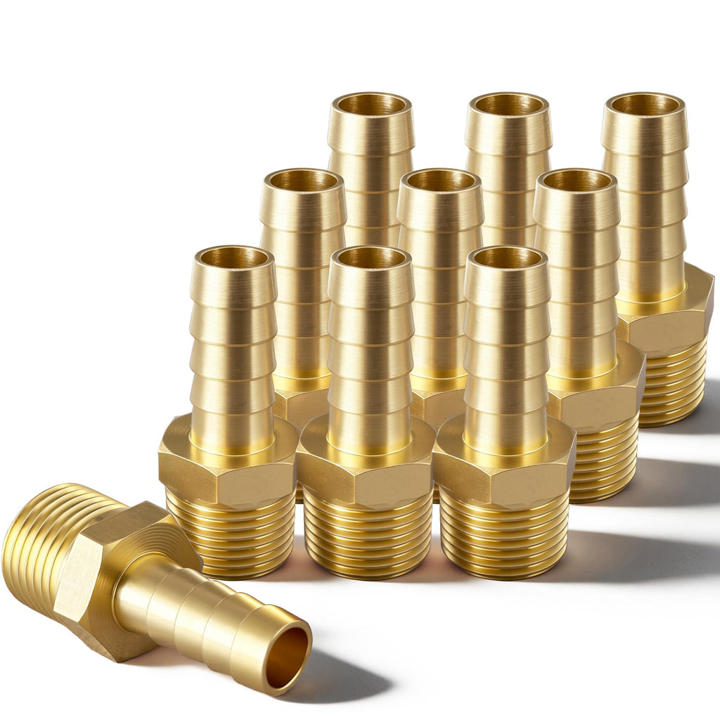 Brass Hose Barb Fitting, 1/8" Barb x 1/8" MNPT, 10-Pack, Male NPT to Hose Connector for Air, Fuel & Fluid Lines (1/8"ID to 1/8NPT)