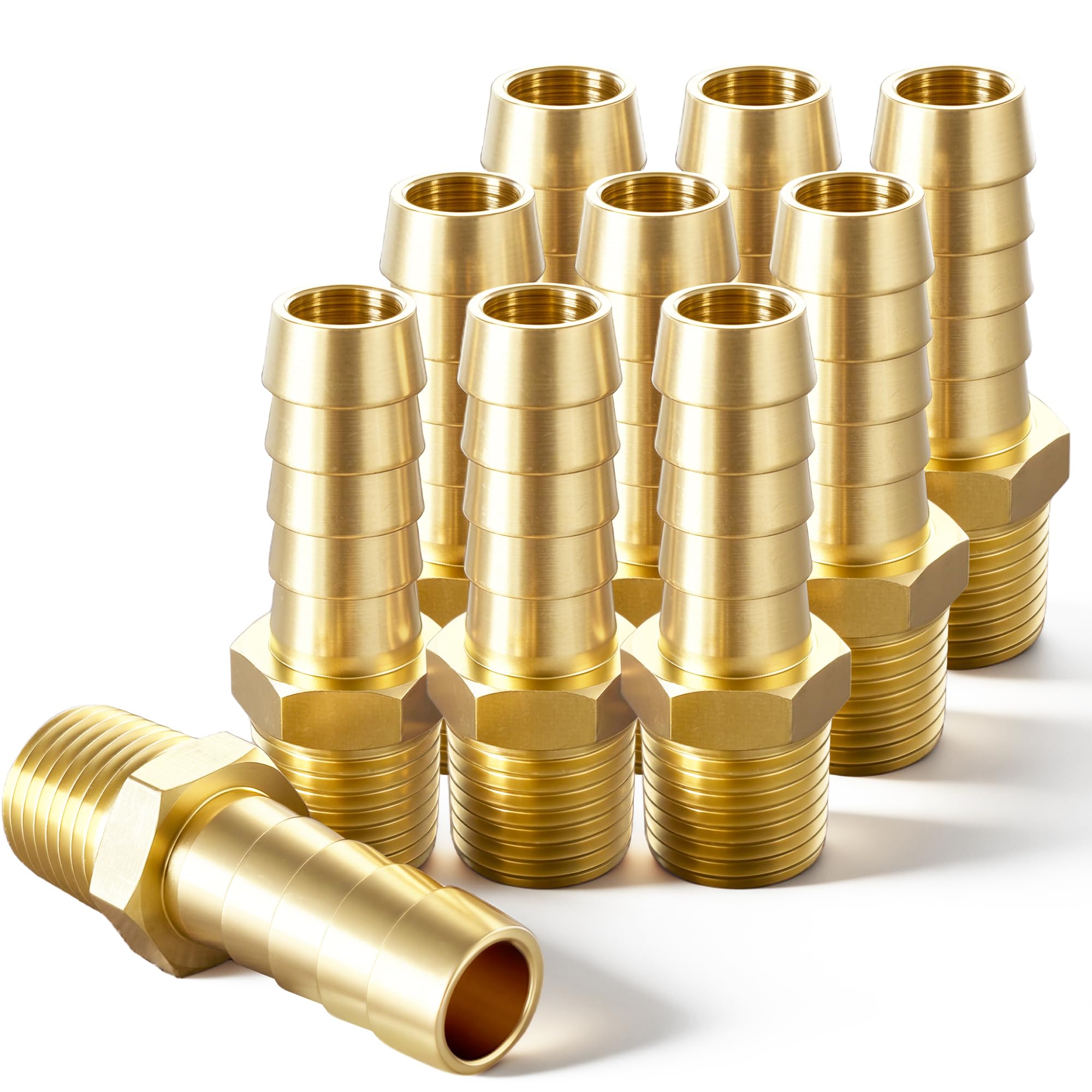 Brass Hose Barb Fitting, 1/8" Barb x 1/8" MNPT, 10-Pack, Male NPT to Hose Connector for Air, Fuel & Fluid Lines (1/8"ID to 1/8NPT)