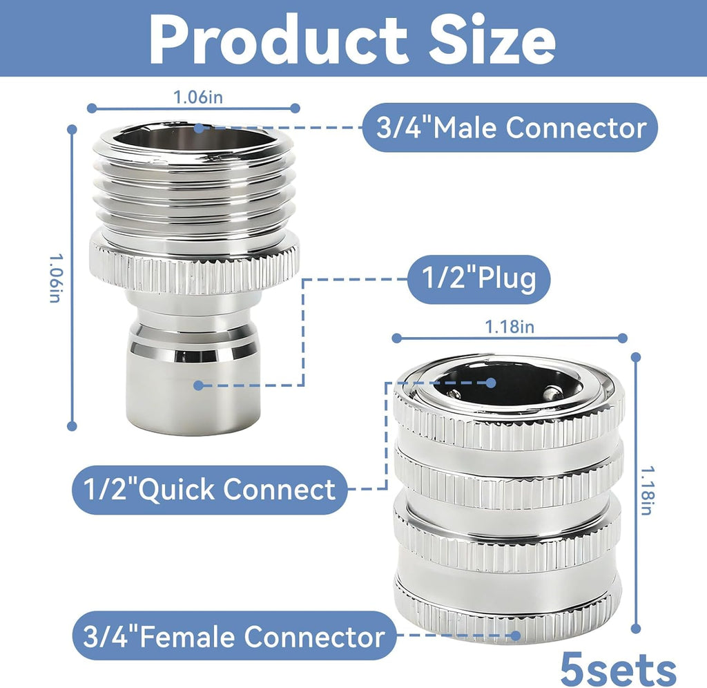 5 Pack Garden Hose Quick Release Connect Fittings, 1/2 to 3/4 Inch GHT Garden Hose Adapter, Stainless Steel Heavy Duty Water Hose Connector Fitting sets for Hoses and Sprayers