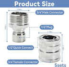 5 Pack Garden Hose Quick Release Connect Fittings, 1/2 to 3/4 Inch GHT Garden Hose Adapter, Stainless Steel Heavy Duty Water Hose Connector Fitting sets for Hoses and Sprayers