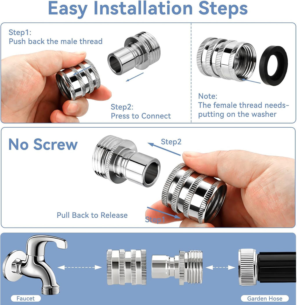 5 Pack Garden Hose Quick Release Connect Fittings, 1/2 to 3/4 Inch GHT Garden Hose Adapter, Stainless Steel Heavy Duty Water Hose Connector Fitting sets for Hoses and Sprayers