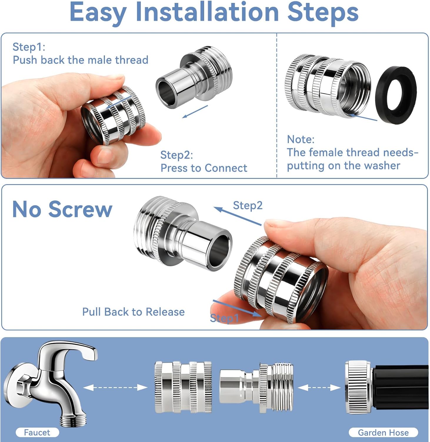 5 Pack Garden Hose Quick Release Connect Fittings, 1/2 to 3/4 Inch GHT Garden Hose Adapter, Stainless Steel Heavy Duty Water Hose Connector Fitting sets for Hoses and Sprayers