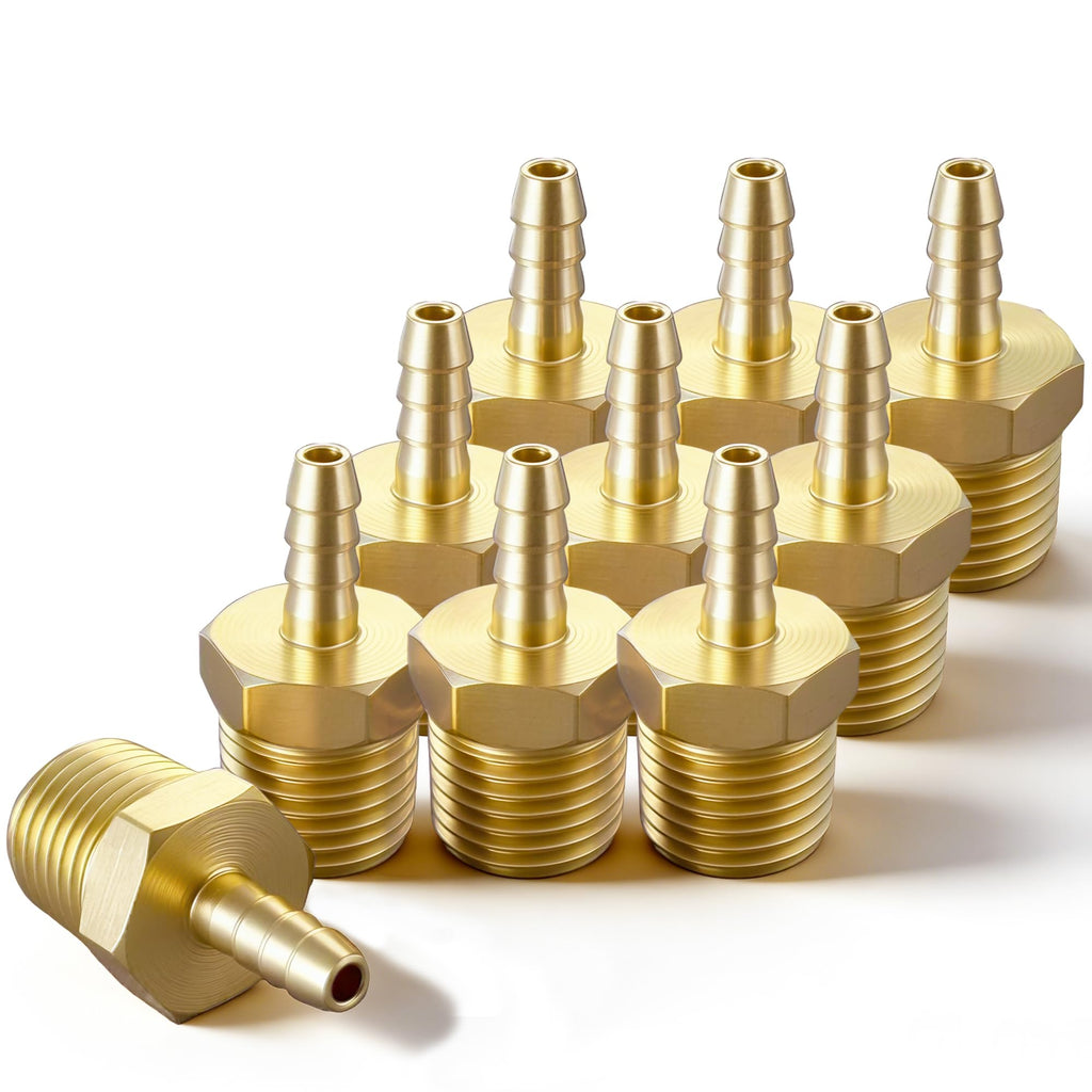 Brass Hose Barb Fitting, 1/8" Barb x 1/8" MNPT, 10-Pack, Male NPT to Hose Connector for Air, Fuel & Fluid Lines (1/8"ID to 1/8NPT)