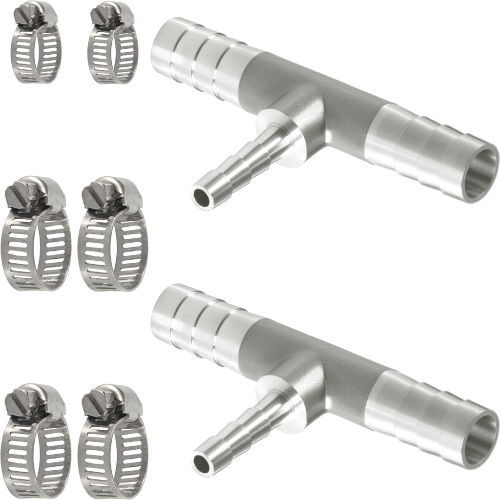 Nickel Plated Brass Reducing Tee Hose Barb, 5/16" X 1/4" X 5/16" ID, 3-Way Connector with Stainless Steel Clamp for Fuel, Coolant, Air & Vacuum Lines, Corrosion-Resistant (Pack of 2)