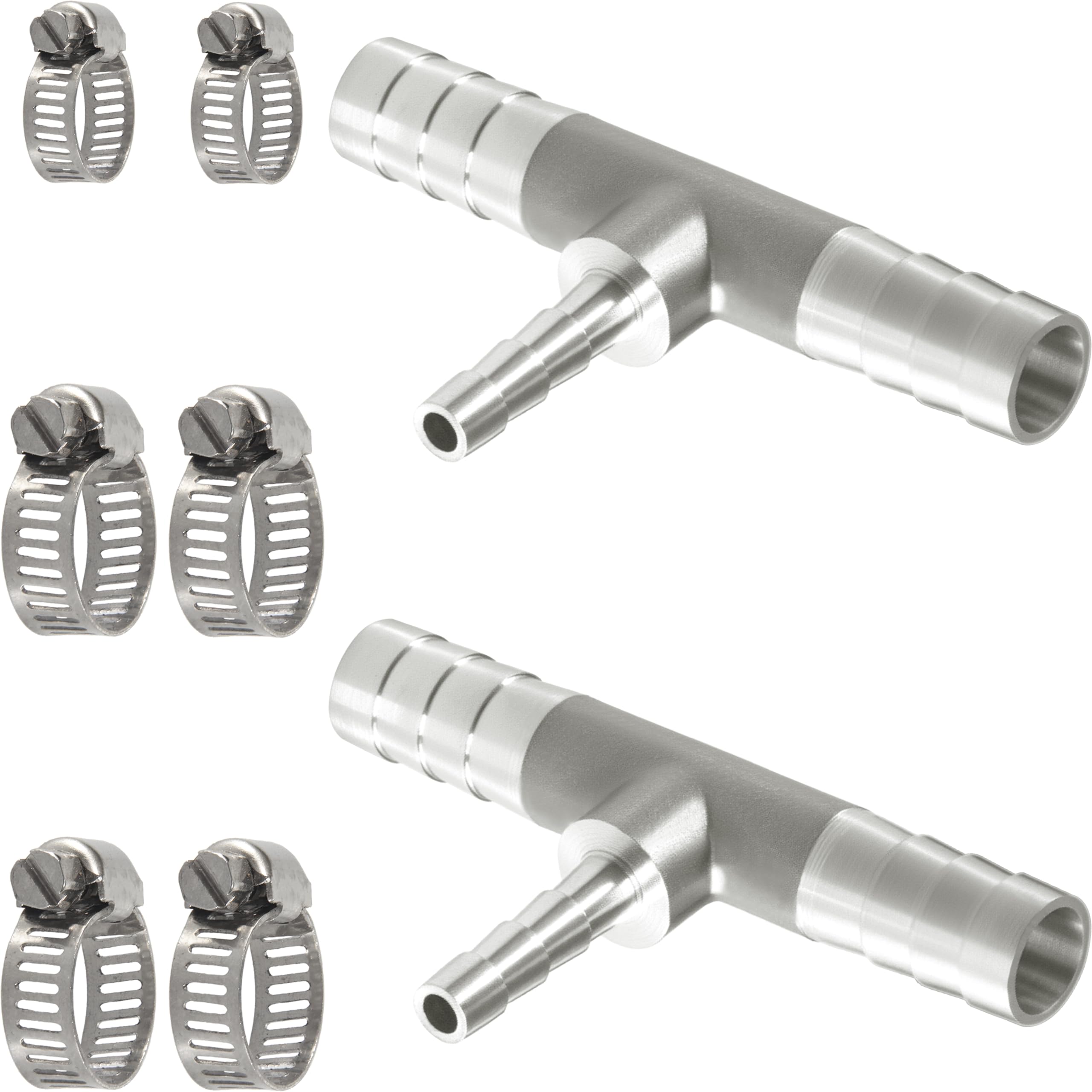 Nickel Plated Brass Reducing Tee Hose Barb, 5/16" X 1/4" X 5/16" ID, 3-Way Connector with Stainless Steel Clamp for Fuel, Coolant, Air & Vacuum Lines, Corrosion-Resistant (Pack of 2)