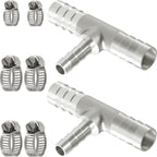 Nickel Plated Brass Reducing Tee Hose Barb, 5/16" X 1/4" X 5/16" ID, 3-Way Connector with Stainless Steel Clamp for Fuel, Coolant, Air & Vacuum Lines, Corrosion-Resistant (Pack of 2)