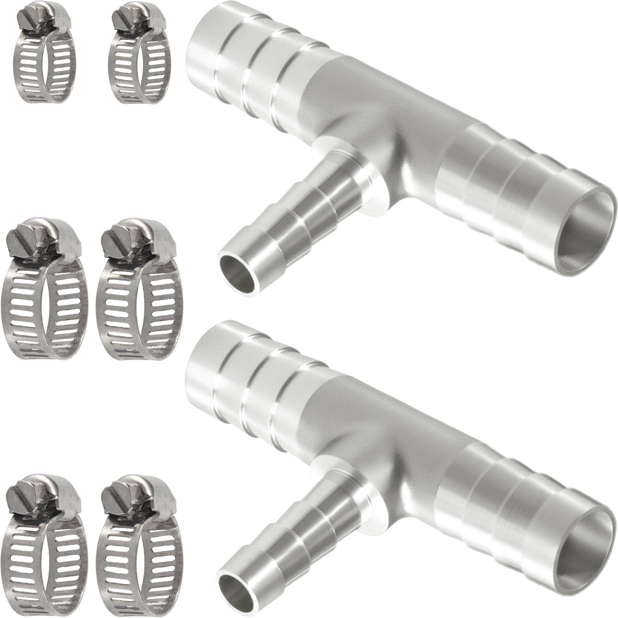 Nickel Plated Brass Reducing Tee Hose Barb, 5/16" X 1/4" X 5/16" ID, 3-Way Connector with Stainless Steel Clamp for Fuel, Coolant, Air & Vacuum Lines, Corrosion-Resistant (Pack of 2)