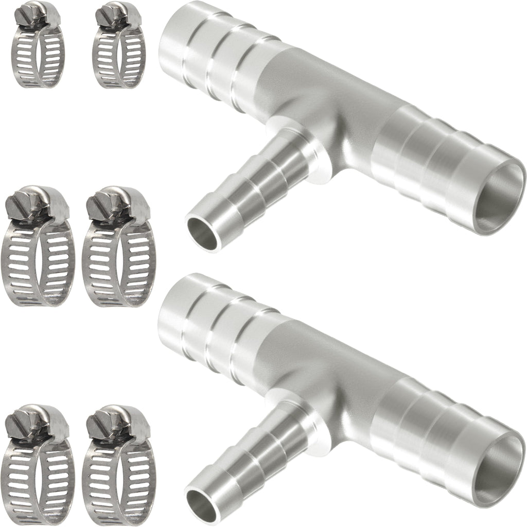 Nickel Plated Brass Reducing Tee Hose Barb, 5/16" X 1/4" X 5/16" ID, 3-Way Connector with Stainless Steel Clamp for Fuel, Coolant, Air & Vacuum Lines, Corrosion-Resistant (Pack of 2)