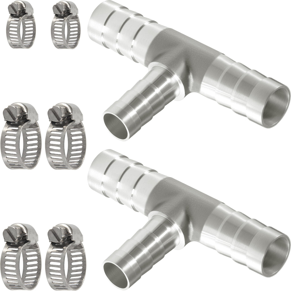 Nickel Plated Brass Reducing Tee Hose Barb, 5/16" X 1/4" X 5/16" ID, 3-Way Connector with Stainless Steel Clamp for Fuel, Coolant, Air & Vacuum Lines, Corrosion-Resistant (Pack of 2)