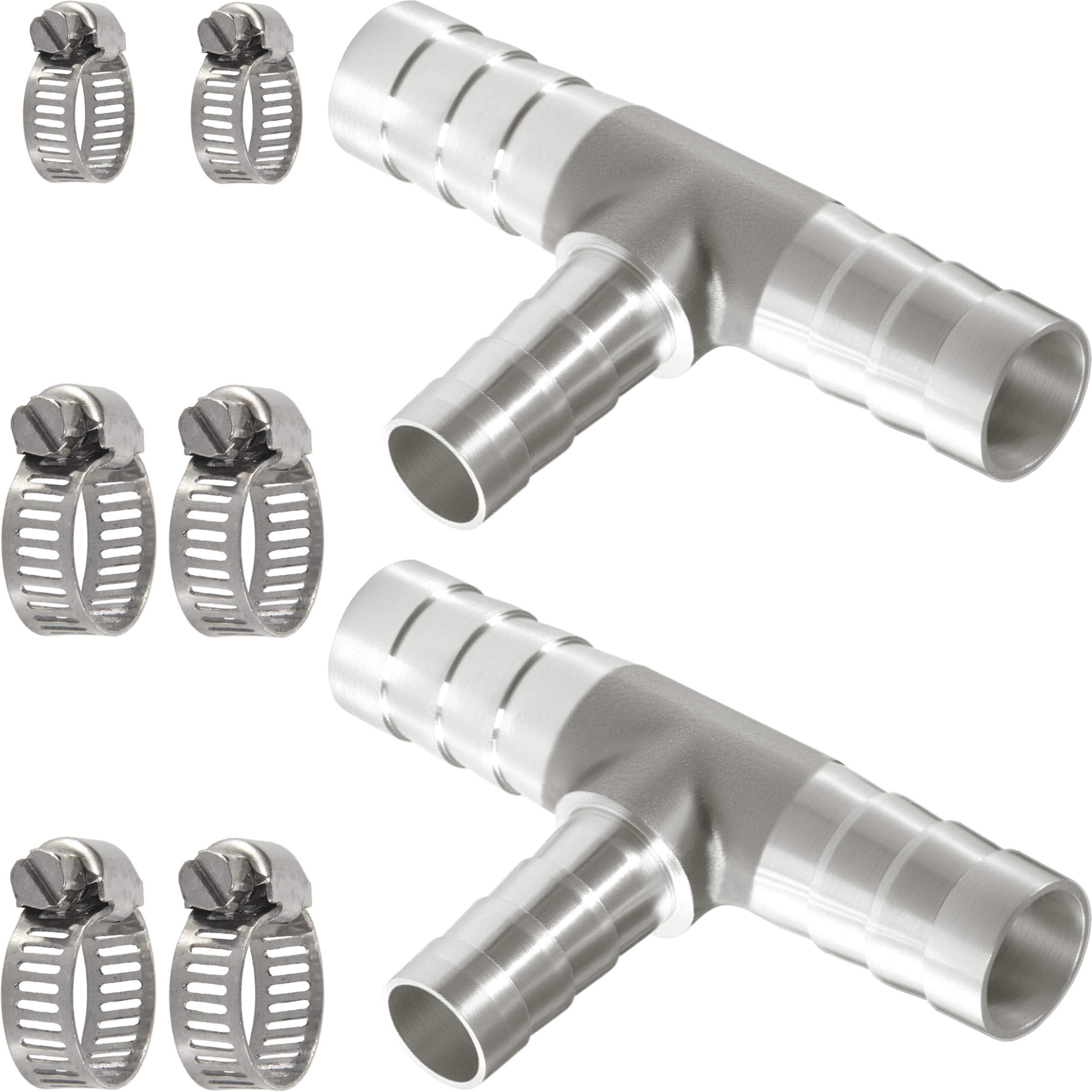 Nickel Plated Brass Reducing Tee Hose Barb, 5/16" X 1/4" X 5/16" ID, 3-Way Connector with Stainless Steel Clamp for Fuel, Coolant, Air & Vacuum Lines, Corrosion-Resistant (Pack of 2)