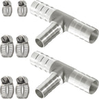 Nickel Plated Brass Reducing Tee Hose Barb, 5/16" X 1/4" X 5/16" ID, 3-Way Connector with Stainless Steel Clamp for Fuel, Coolant, Air & Vacuum Lines, Corrosion-Resistant (Pack of 2)
