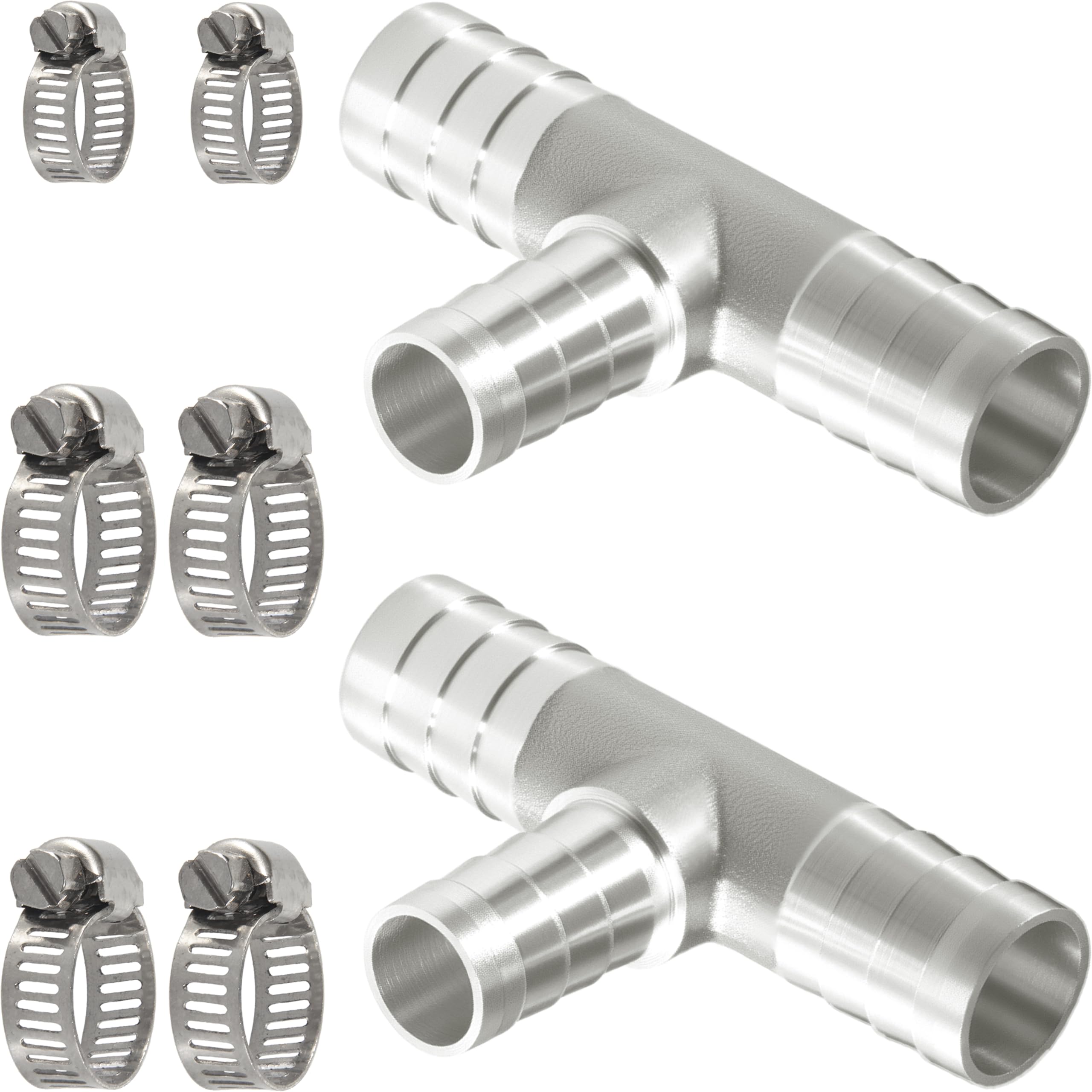 Nickel Plated Brass Reducing Tee Hose Barb, 5/16" X 1/4" X 5/16" ID, 3-Way Connector with Stainless Steel Clamp for Fuel, Coolant, Air & Vacuum Lines, Corrosion-Resistant (Pack of 2)
