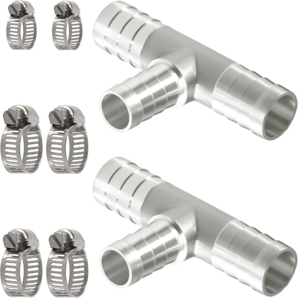 Nickel Plated Brass Reducing Tee Hose Barb, 5/16" X 1/4" X 5/16" ID, 3-Way Connector with Stainless Steel Clamp for Fuel, Coolant, Air & Vacuum Lines, Corrosion-Resistant (Pack of 2)