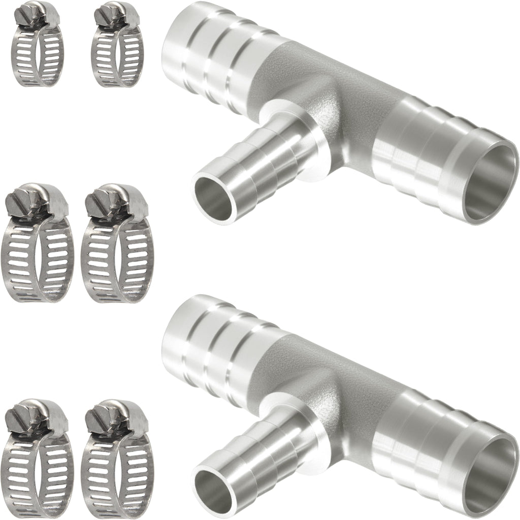 Nickel Plated Brass Reducing Tee Hose Barb, 5/16" X 1/4" X 5/16" ID, 3-Way Connector with Stainless Steel Clamp for Fuel, Coolant, Air & Vacuum Lines, Corrosion-Resistant (Pack of 2)