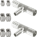 Nickel Plated Brass Reducing Tee Hose Barb, 5/16" X 1/4" X 5/16" ID, 3-Way Connector with Stainless Steel Clamp for Fuel, Coolant, Air & Vacuum Lines, Corrosion-Resistant (Pack of 2)
