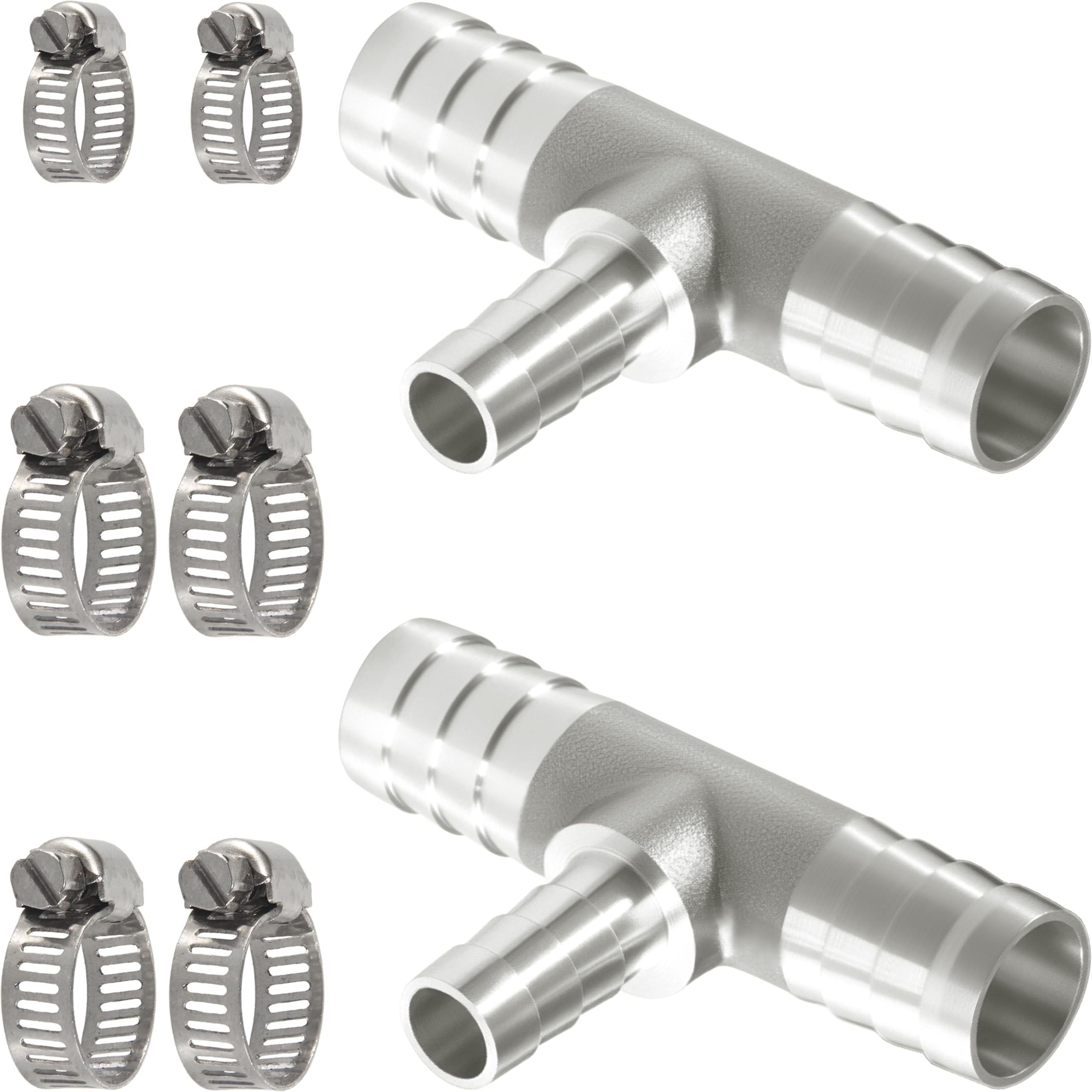 Nickel Plated Brass Reducing Tee Hose Barb, 5/16" X 1/4" X 5/16" ID, 3-Way Connector with Stainless Steel Clamp for Fuel, Coolant, Air & Vacuum Lines, Corrosion-Resistant (Pack of 2)