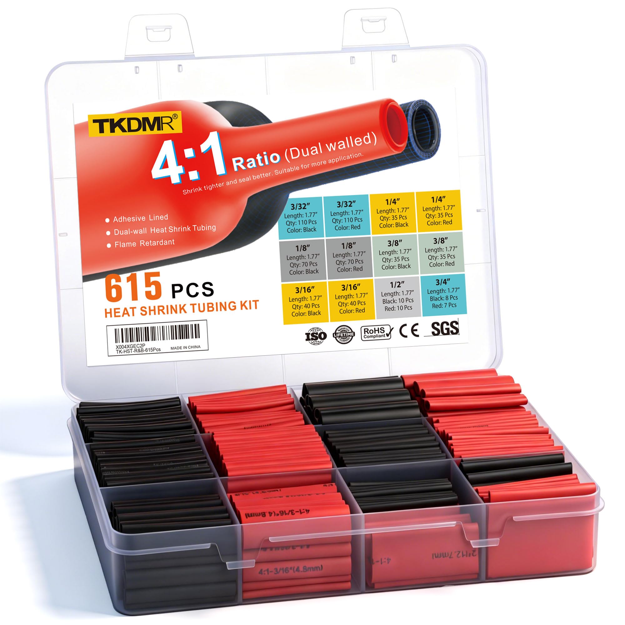 500 Pcs Heat Shrink Tubing Kit - 4:1 Ratio Adhesive Lined, Marine Grade Shrink Wrap - Industrial Heat Shrink Tubing,Black&Red