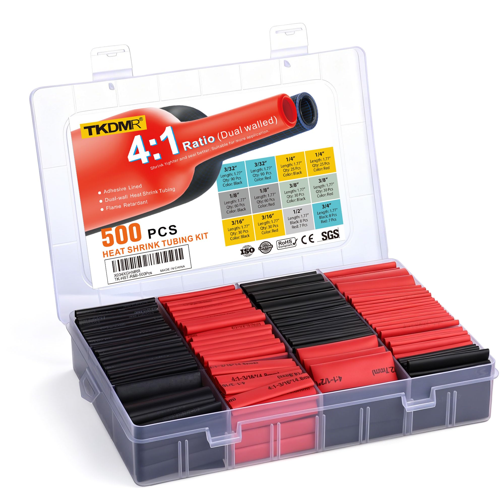 500 Pcs Heat Shrink Tubing Kit - 4:1 Ratio Adhesive Lined, Marine Grade Shrink Wrap - Industrial Heat Shrink Tubing,Black&Red