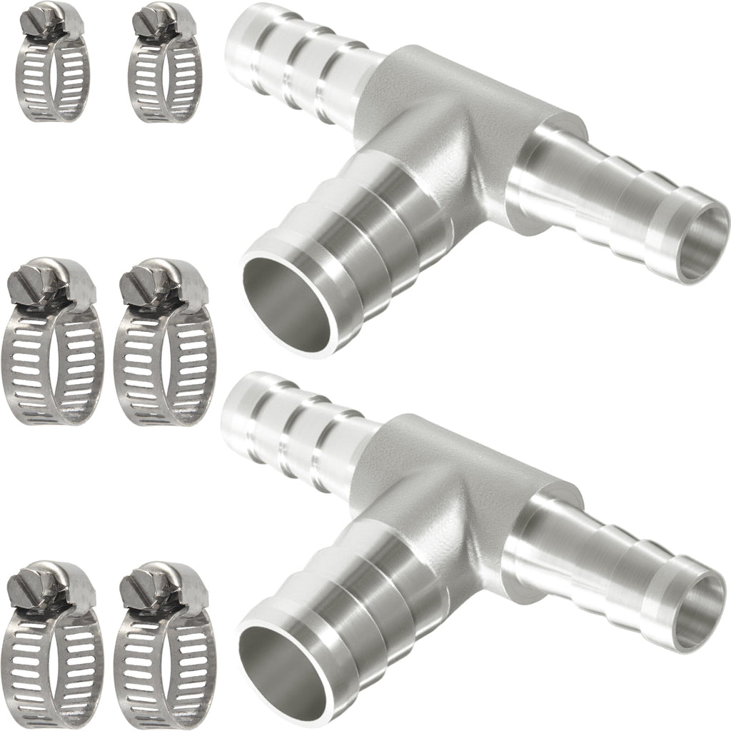 Nickel Plated Brass Reducing Tee Hose Barb, 5/16" X 1/4" X 5/16" ID, 3-Way Connector with Stainless Steel Clamp for Fuel, Coolant, Air & Vacuum Lines, Corrosion-Resistant (Pack of 2)