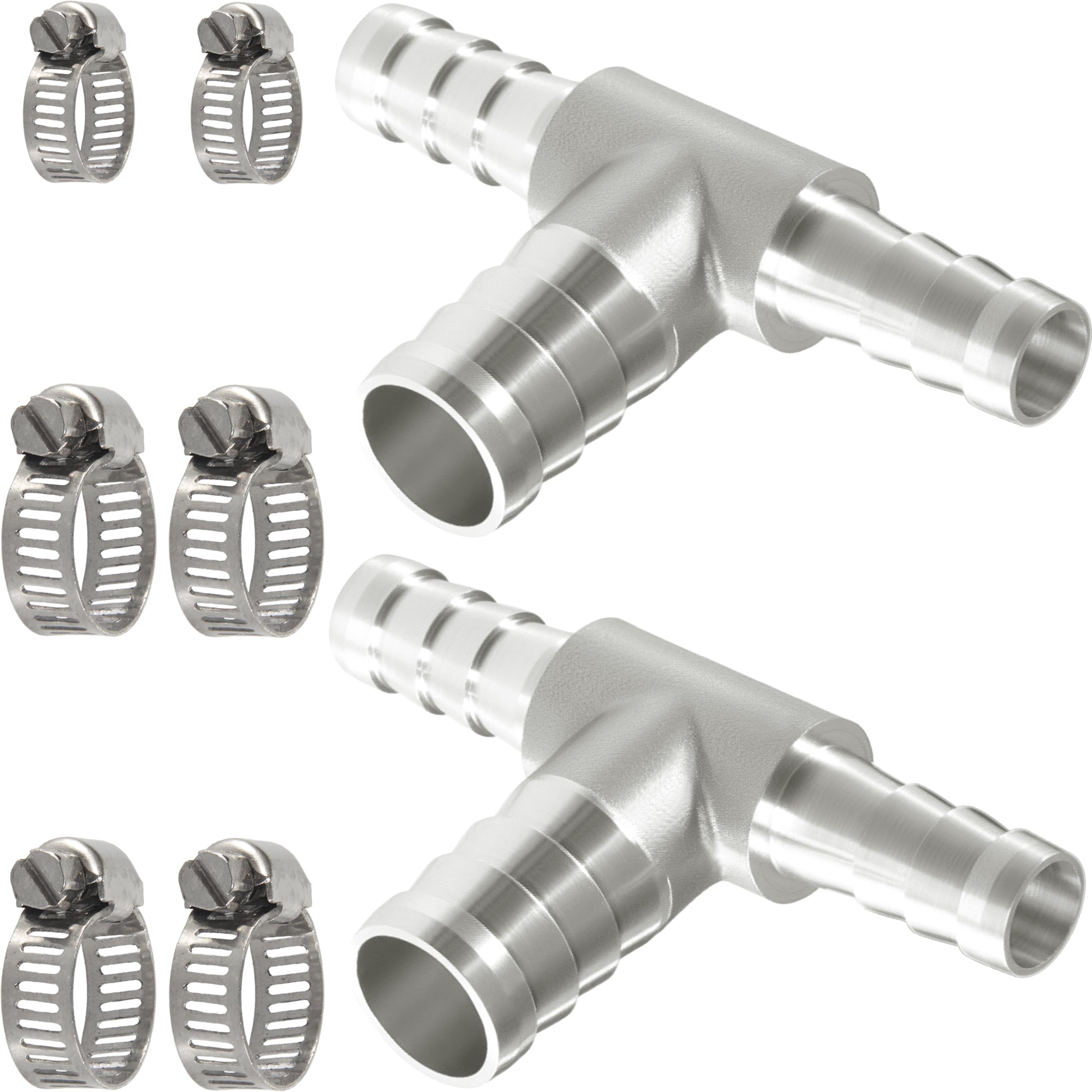 Nickel Plated Brass Reducing Tee Hose Barb, 5/16" X 1/4" X 5/16" ID, 3-Way Connector with Stainless Steel Clamp for Fuel, Coolant, Air & Vacuum Lines, Corrosion-Resistant (Pack of 2)