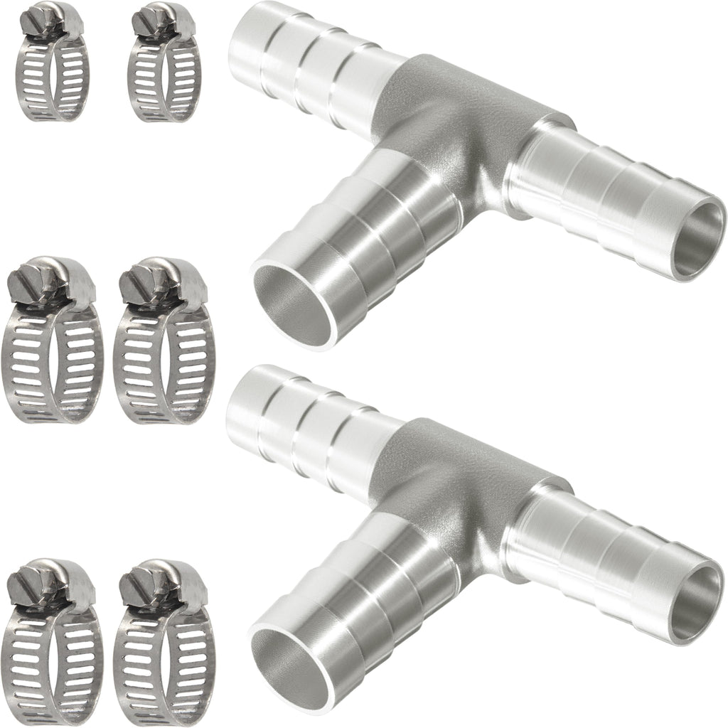 Nickel Plated Brass Reducing Tee Hose Barb, 5/16" X 1/4" X 5/16" ID, 3-Way Connector with Stainless Steel Clamp for Fuel, Coolant, Air & Vacuum Lines, Corrosion-Resistant (Pack of 2)
