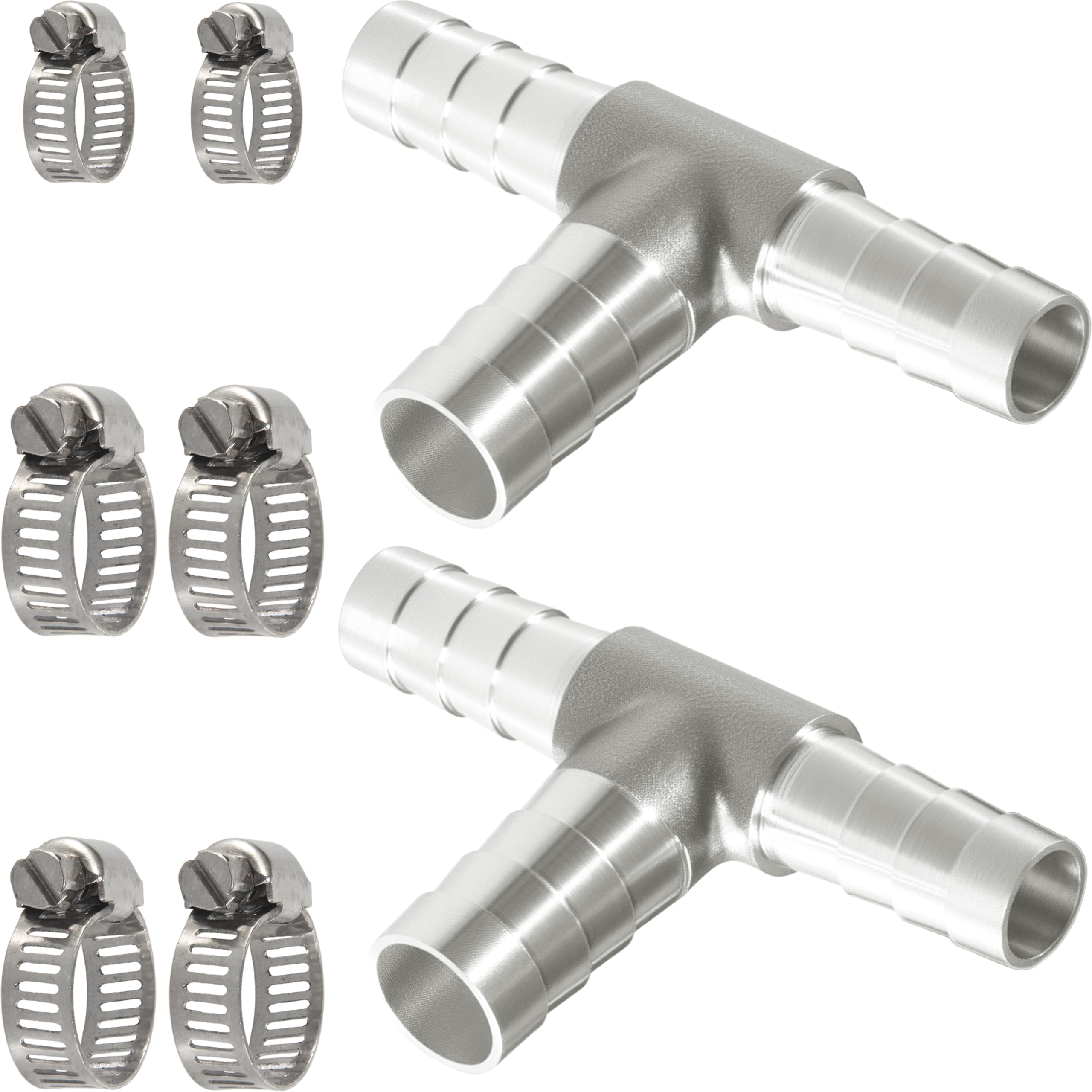 Nickel Plated Brass Reducing Tee Hose Barb, 5/16" X 1/4" X 5/16" ID, 3-Way Connector with Stainless Steel Clamp for Fuel, Coolant, Air & Vacuum Lines, Corrosion-Resistant (Pack of 2)