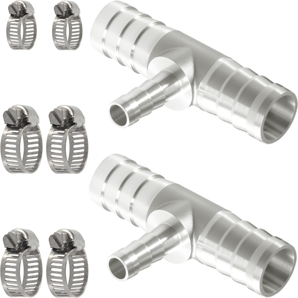 Nickel Plated Brass Reducing Tee Hose Barb, 5/16" X 1/4" X 5/16" ID, 3-Way Connector with Stainless Steel Clamp for Fuel, Coolant, Air & Vacuum Lines, Corrosion-Resistant (Pack of 2)