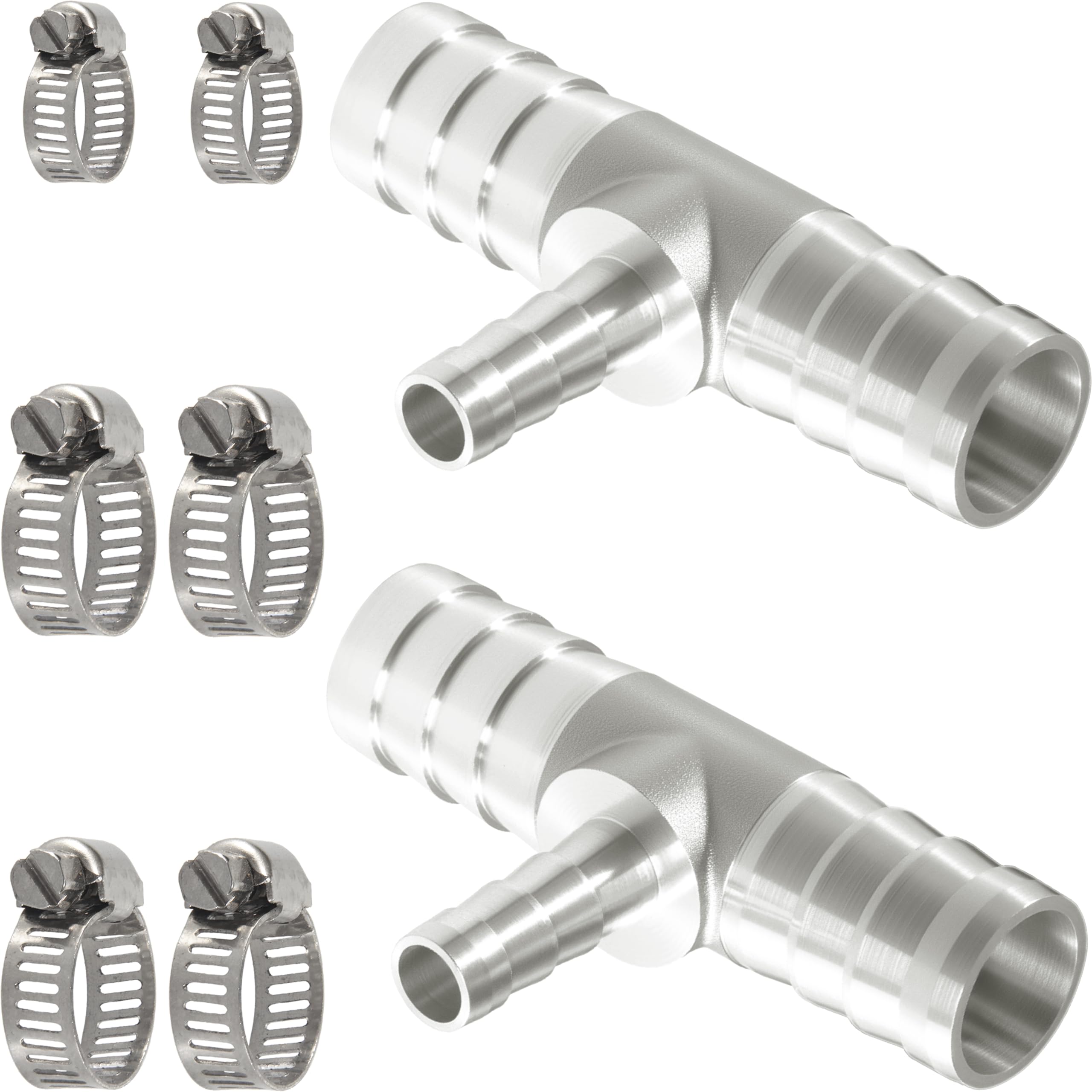 Nickel Plated Brass Reducing Tee Hose Barb, 5/16" X 1/4" X 5/16" ID, 3-Way Connector with Stainless Steel Clamp for Fuel, Coolant, Air & Vacuum Lines, Corrosion-Resistant (Pack of 2)