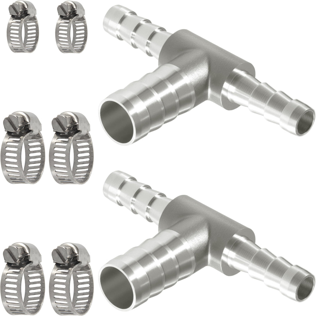 Nickel Plated Brass Reducing Tee Hose Barb, 5/16" X 1/4" X 5/16" ID, 3-Way Connector with Stainless Steel Clamp for Fuel, Coolant, Air & Vacuum Lines, Corrosion-Resistant (Pack of 2)