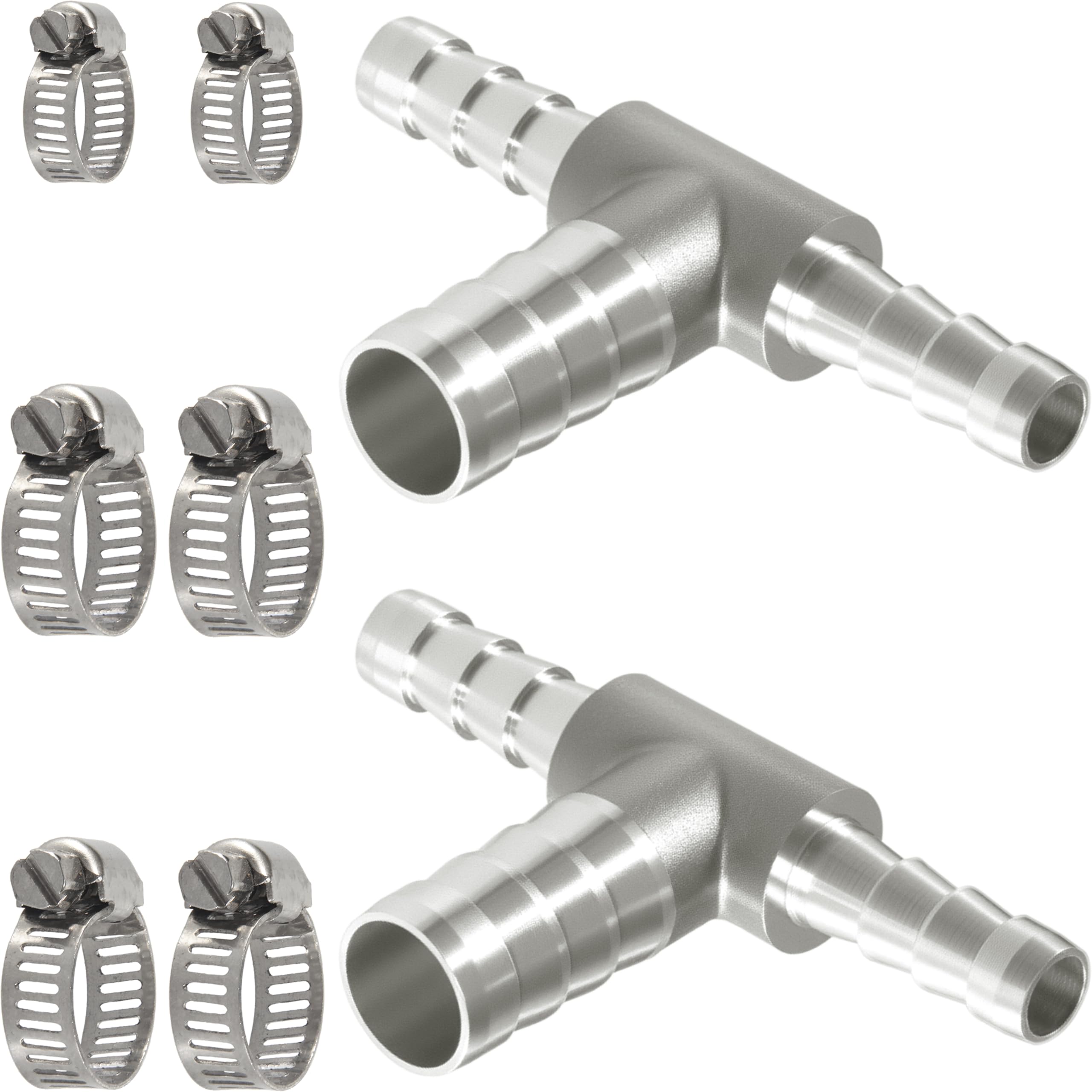 Nickel Plated Brass Reducing Tee Hose Barb, 5/16" X 1/4" X 5/16" ID, 3-Way Connector with Stainless Steel Clamp for Fuel, Coolant, Air & Vacuum Lines, Corrosion-Resistant (Pack of 2)