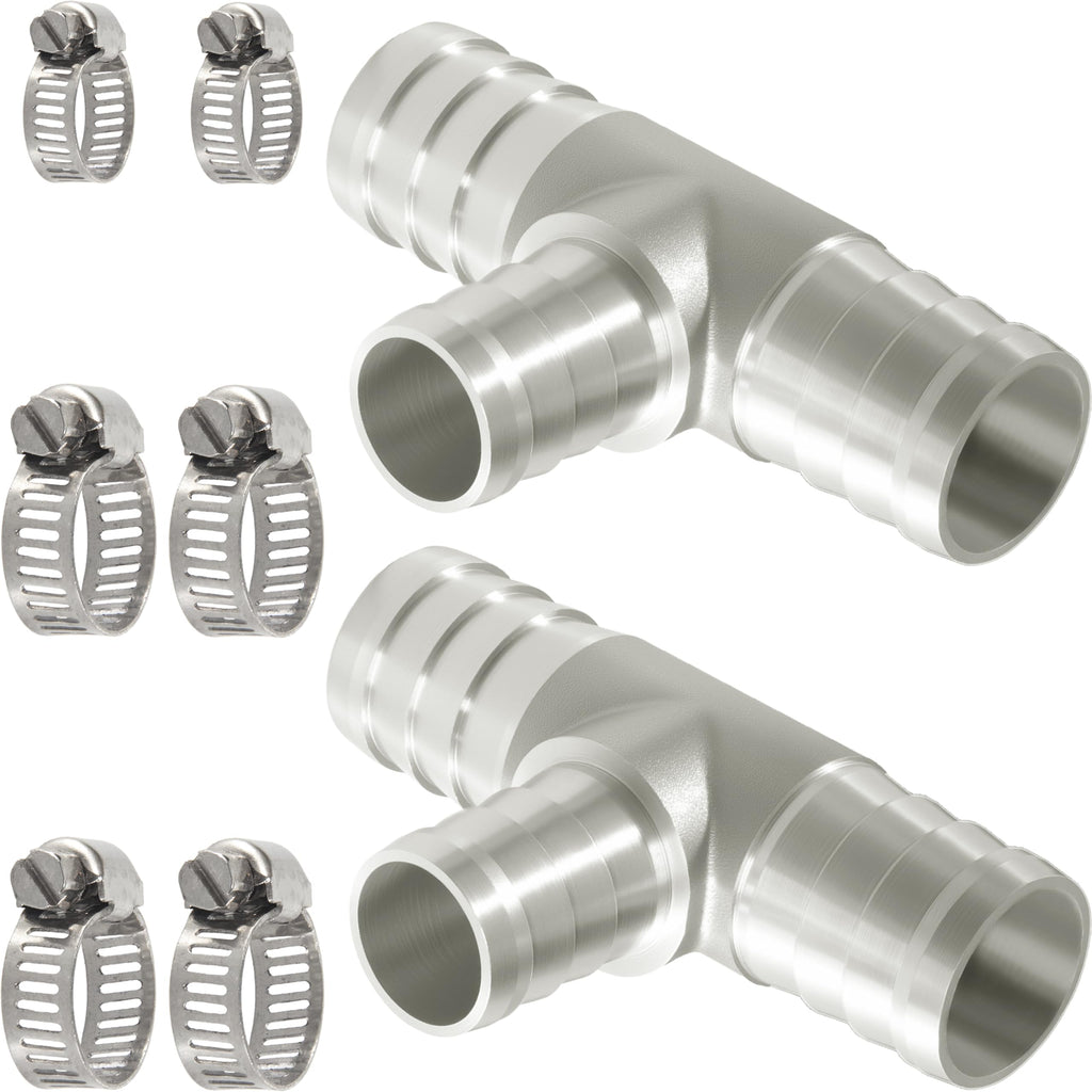 Nickel Plated Brass Reducing Tee Hose Barb, 5/16" X 1/4" X 5/16" ID, 3-Way Connector with Stainless Steel Clamp for Fuel, Coolant, Air & Vacuum Lines, Corrosion-Resistant (Pack of 2)